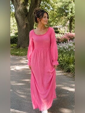 Smash + Tess ELLIE Pink Long Sleeve Smocked Maxi Dress Size L